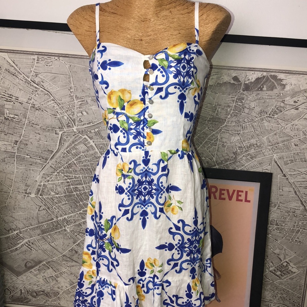 Mogador Ana Capri  Linen White Lemon-Print Midi Dress Size S - Picture 5 of 11